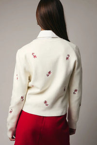 Candy cane embroidered fitted cardigan in cream with red floral wool blend