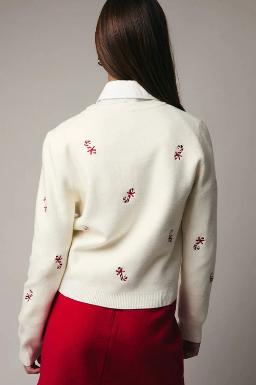 Candy cane embroidered fitted cardigan in cream with red floral wool blend