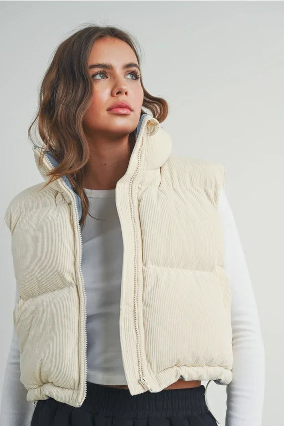 Fall Adoreme corduroy puffer vest in cream with white zipper trim