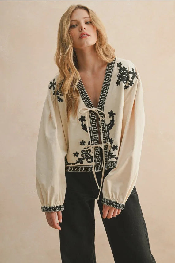 Cream embroidered blouse with floral patch detailed jacket