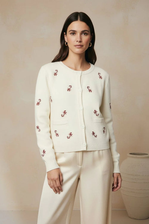 Candy cane embroidered fitted cardigan with cream floral pattern and pockets