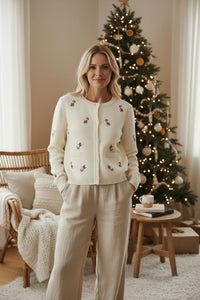 Candy cane embroidered fitted cardigan with cream floral pattern