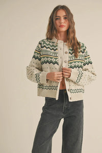 Cream and green Fair Isle cardigan sweater, ideal for women’s boho chic clothing