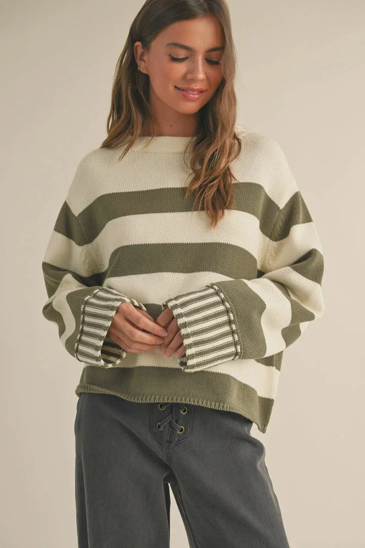 Cream and olive striped knit mock neck stripe sweater with wide sleeves