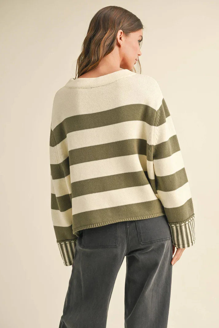 Cream and olive striped knit mock neck stripe sweater with ribbed cuffs