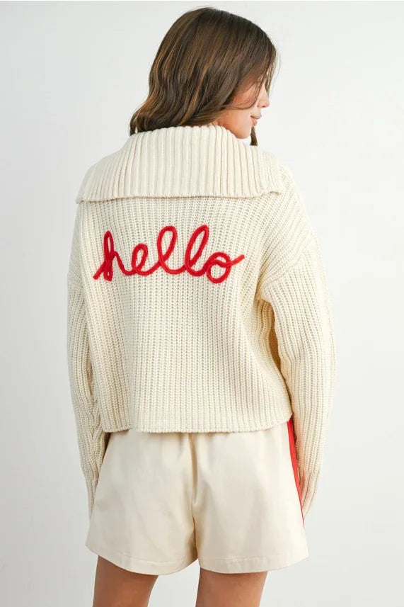 Cream oversized knit collared V-neck sweater with red hello embroidery