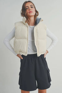 Fall Adoreme corduroy puffer vest in cream with hood and zipper