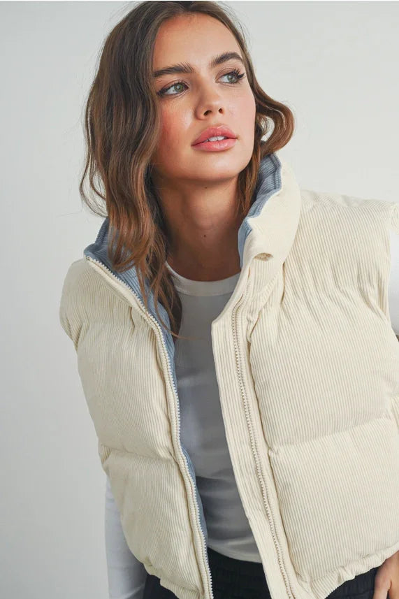 Fall Adoreme corduroy puffer vest in cream quilted design with hood