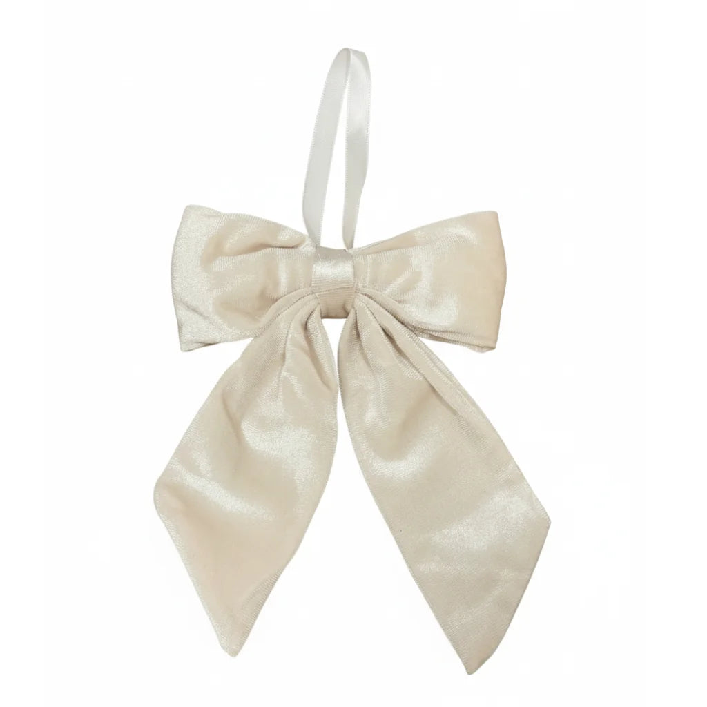 Cream satin bow tie in velvet fabric bow design with loop and knot