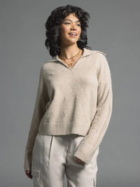 Cream-textured Prudence Sweater with collar and pockets for women’s boho chic clothing