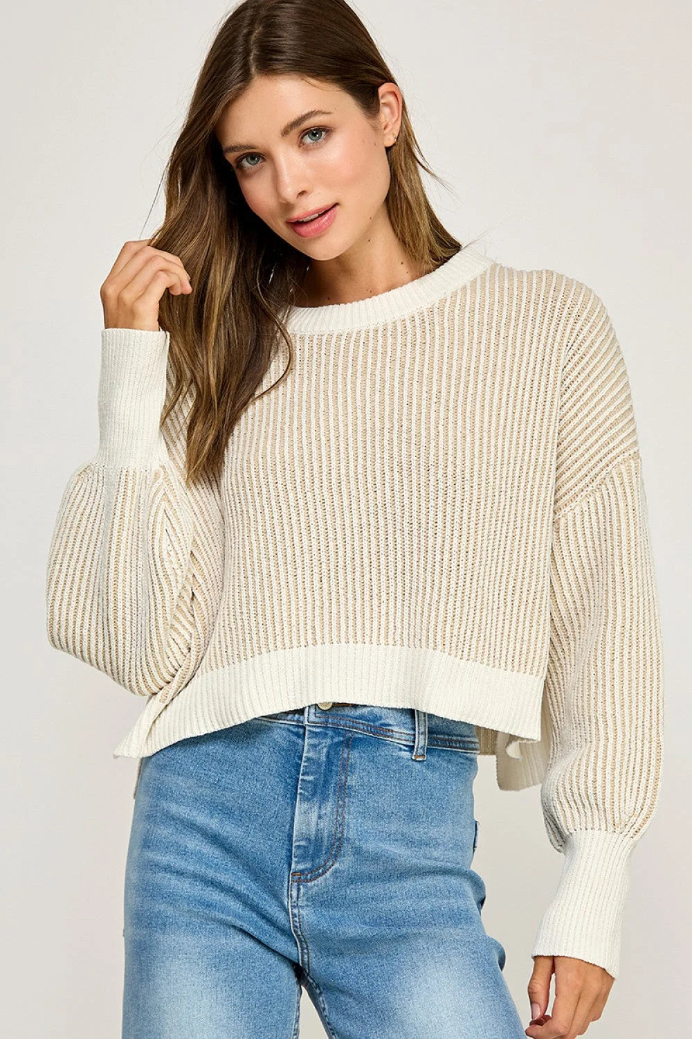 Cream and white ribbed knit balloon sleeve sweater
