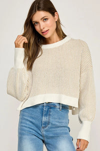 Cream and white ribbed knit balloon sleeve sweater