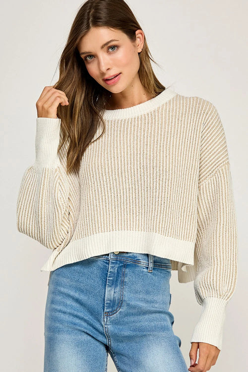 Cream and white ribbed knit balloon sleeve sweater