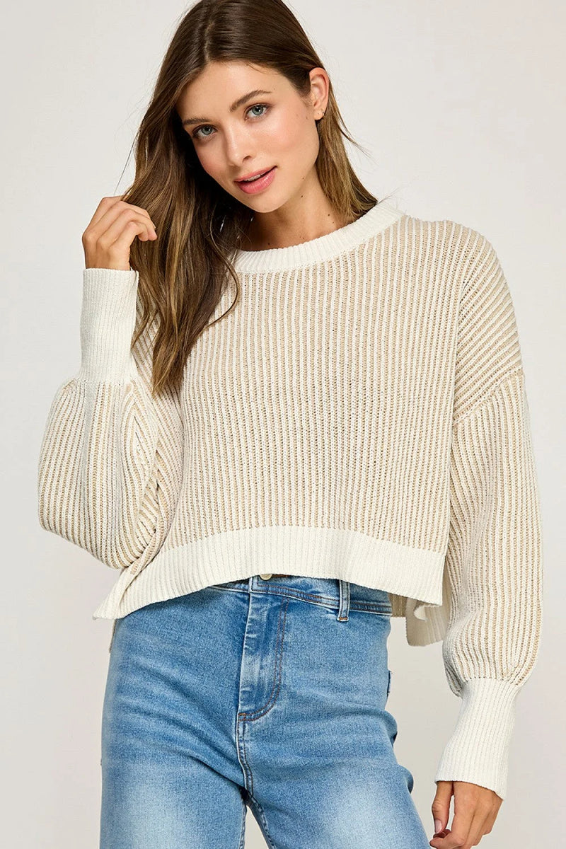 Cream and white ribbed knit balloon sleeve sweater