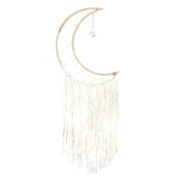 Crescent moon dream catcher wall hanging with white fringe tassels for boho chic decor