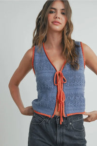 Crochet tie front vest with orange trim, ideal for women’s boho chic clothing, shop Daisy