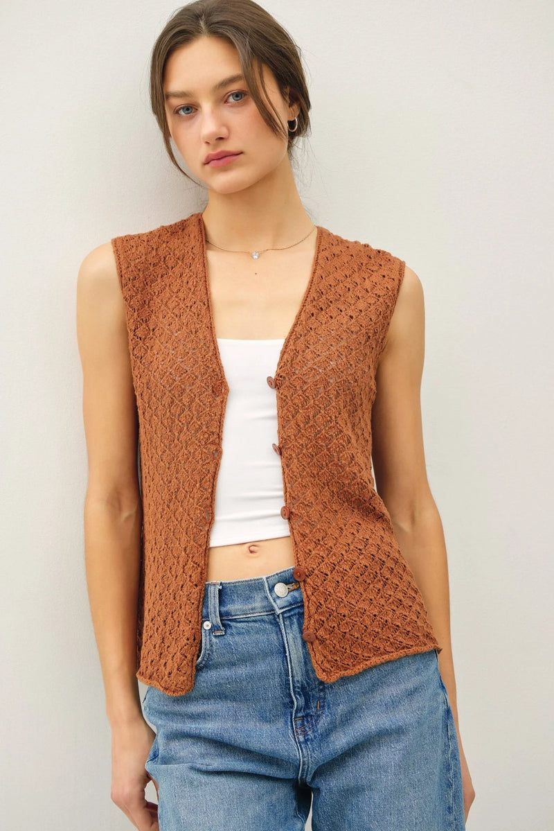 Crocheted brown button-up vest from Shop Daisy, part of womens boho clothes collection