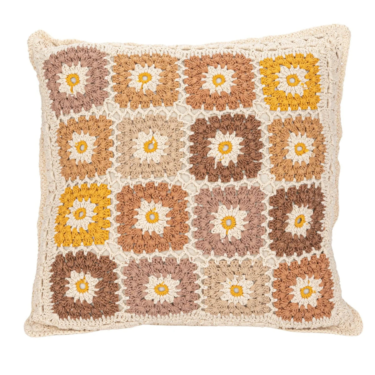 Boho SQUARE COTTON CROCHETED GRANNY SQUARE PILLOW with daisy-like flower patterns