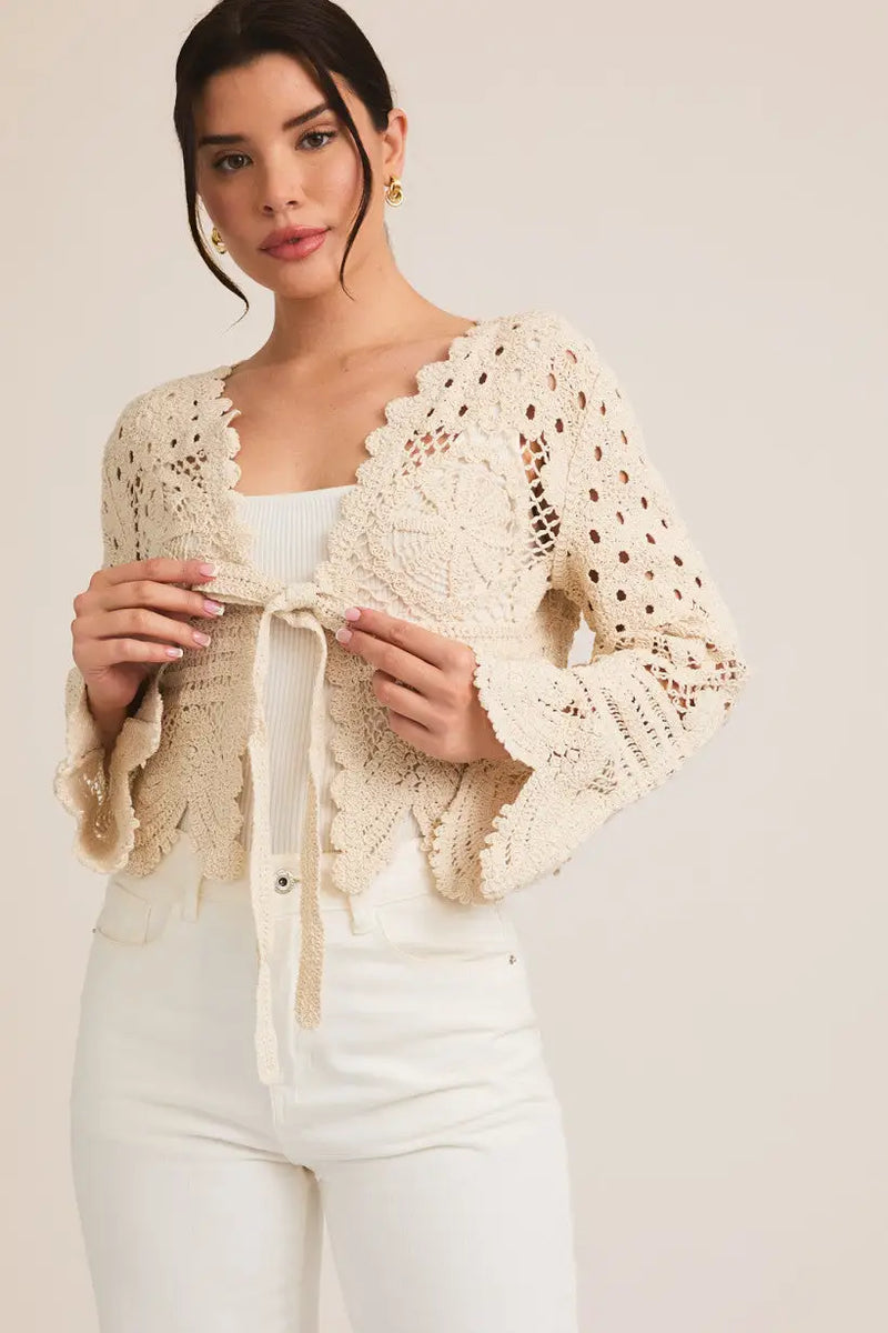 Elegant Bohemian Crochet Cardigan with a tie-front design in soft, handcrafted yarn