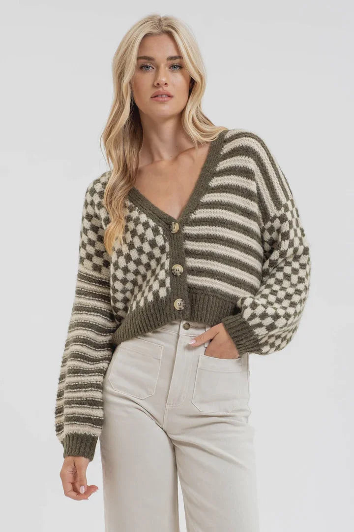 Cropped Olive Green and Cream Knit Cardigan with Stripe and Checker Patterns for Women