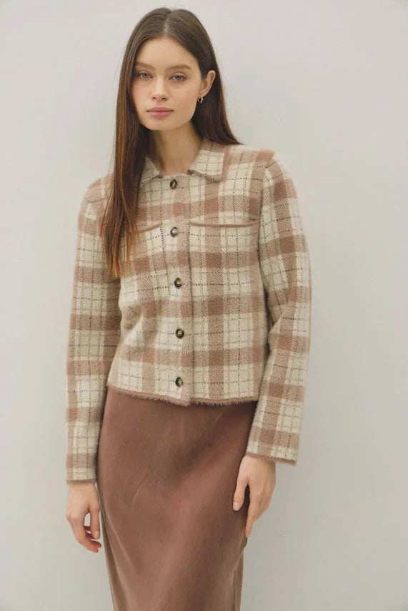Fuzzy plaid collared crop cardigan featuring chest pockets and button closures