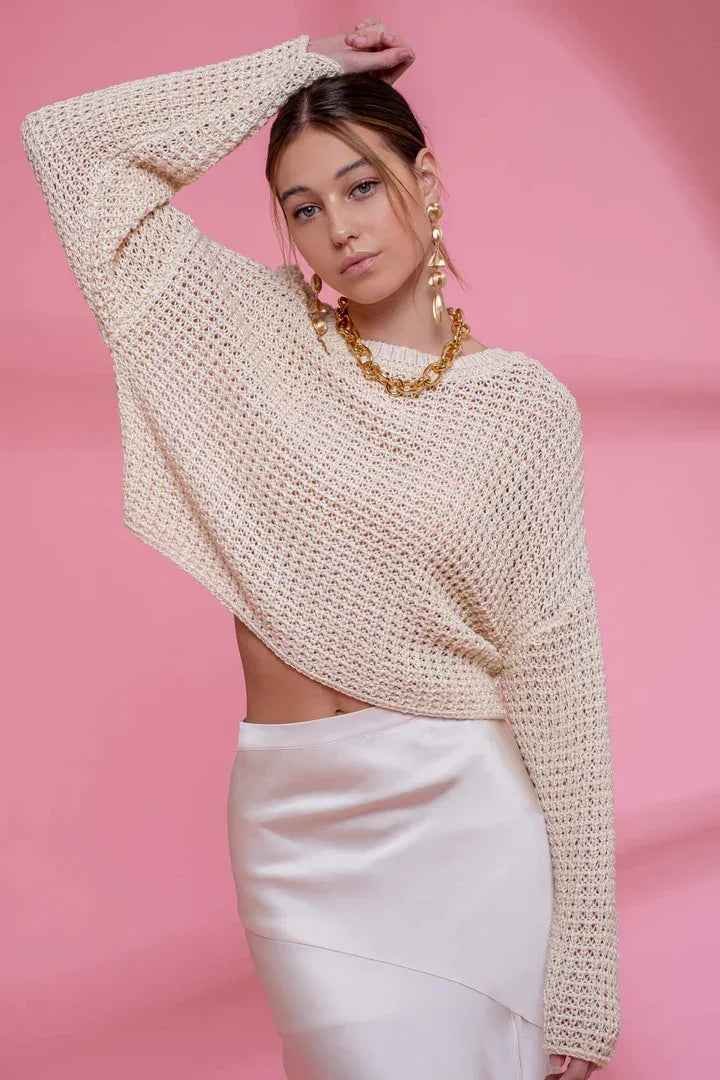 Cropped cream crochet knit sweater for women’s boho chic clothing from Shop Daisy