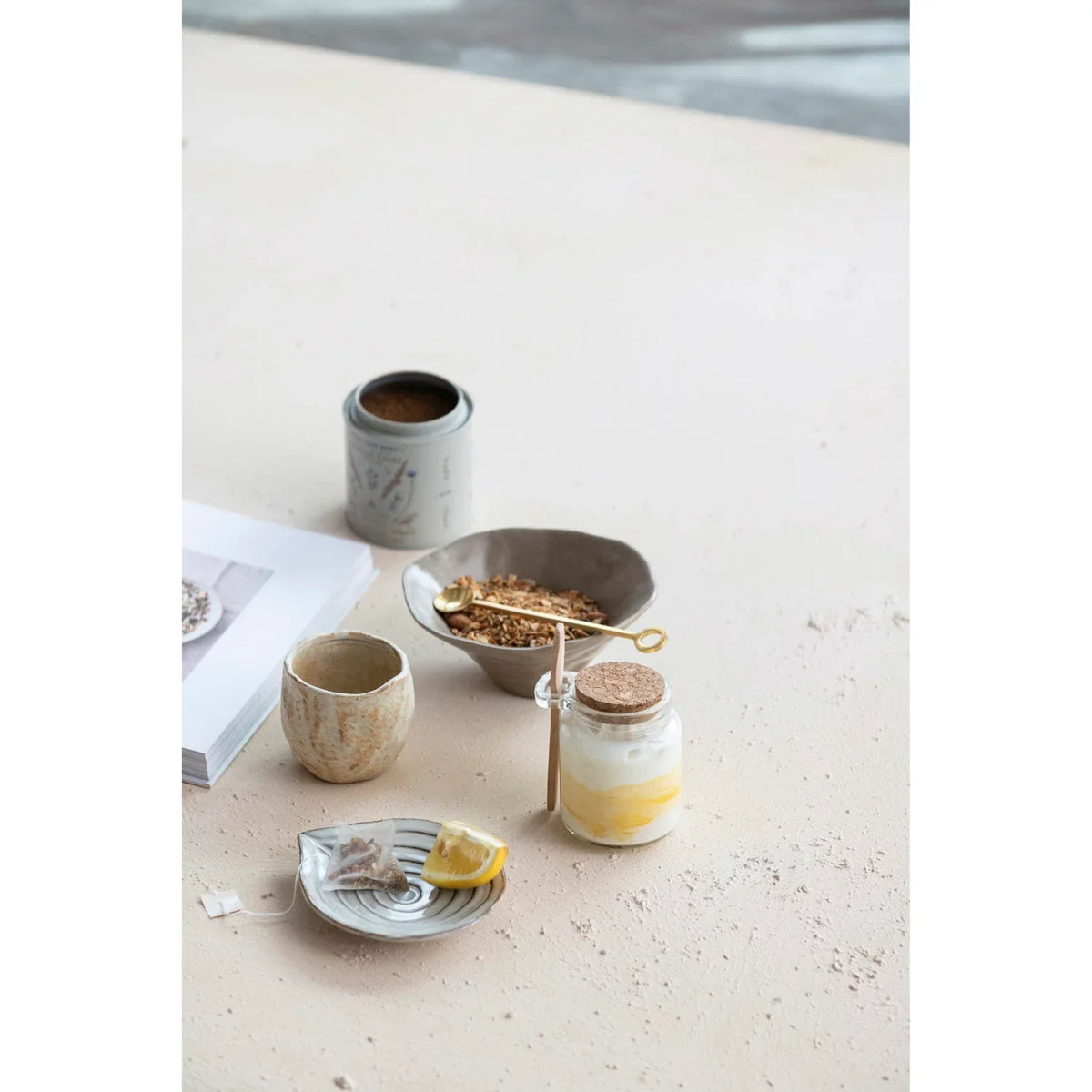 12 OZ Glass Jar with Cork Lid & Wood Spoon next to a cup of coffee for elegant display