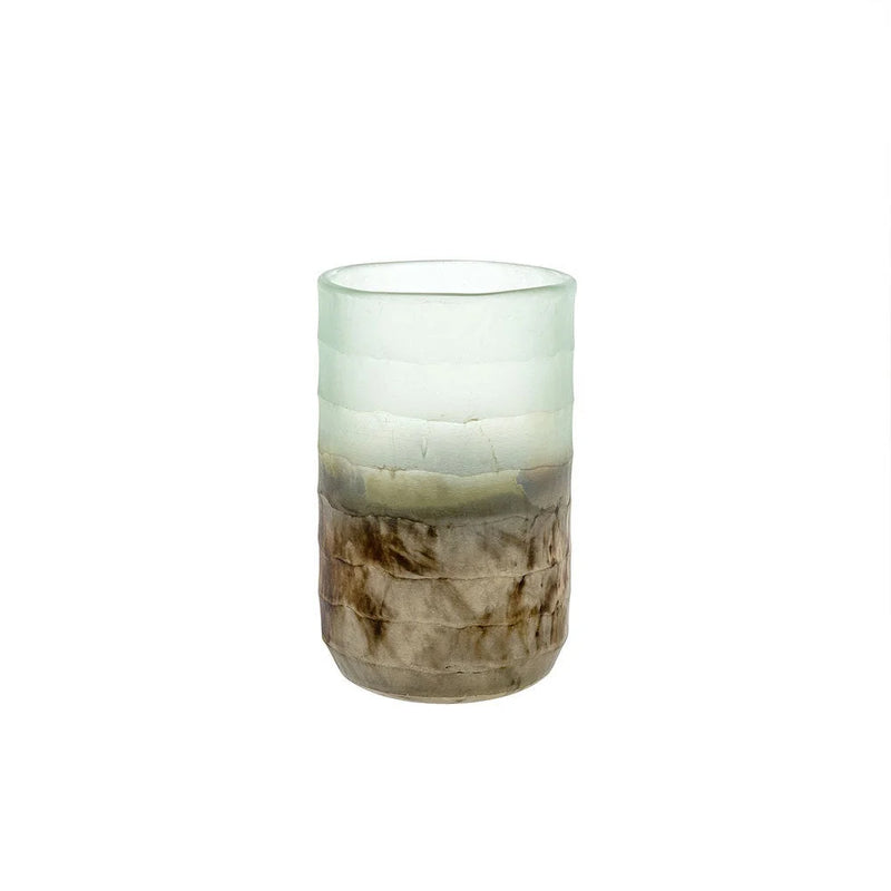 Cylindrical Morning Haze Vase with frosted gradient and brown swirls at the base