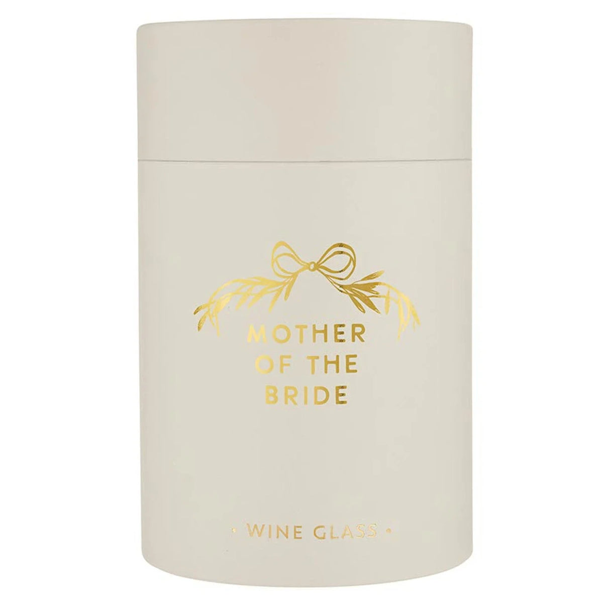 Cylindrical Mother of the Bride stemless wine glass container with gold foil design