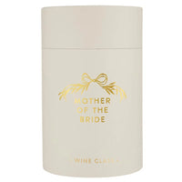 Cylindrical Mother of the Bride stemless wine glass container with gold foil design