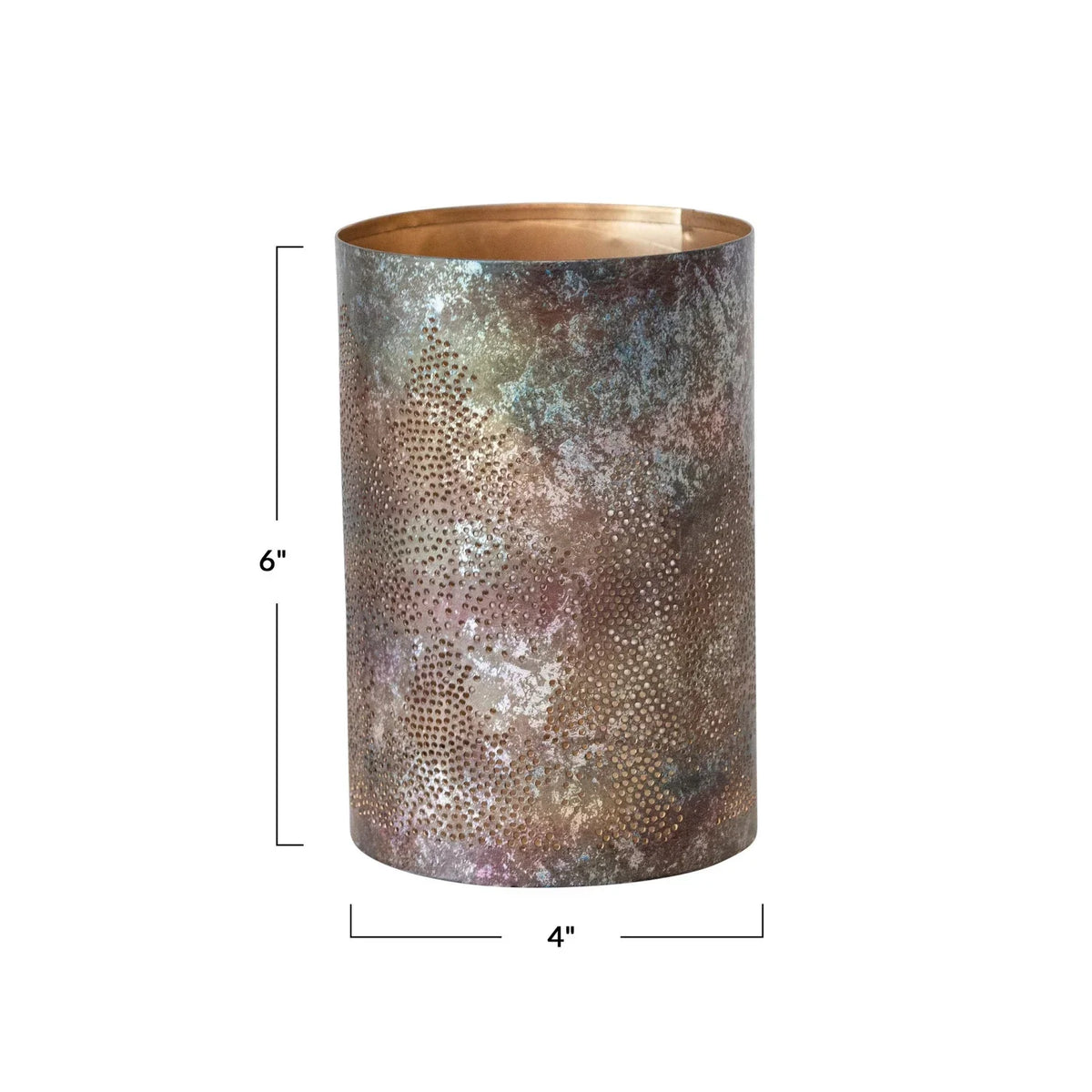 Cylindrical metal votive holder featuring oxidized gold interior and tree cut-outs