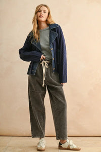 Dark blue Denim and Knit Combo Jacket with textured knit pattern and buttons