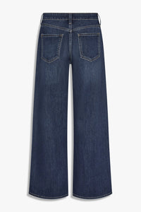 Stretch mid rise palazzo denim jeans in dark blue with wide legs
