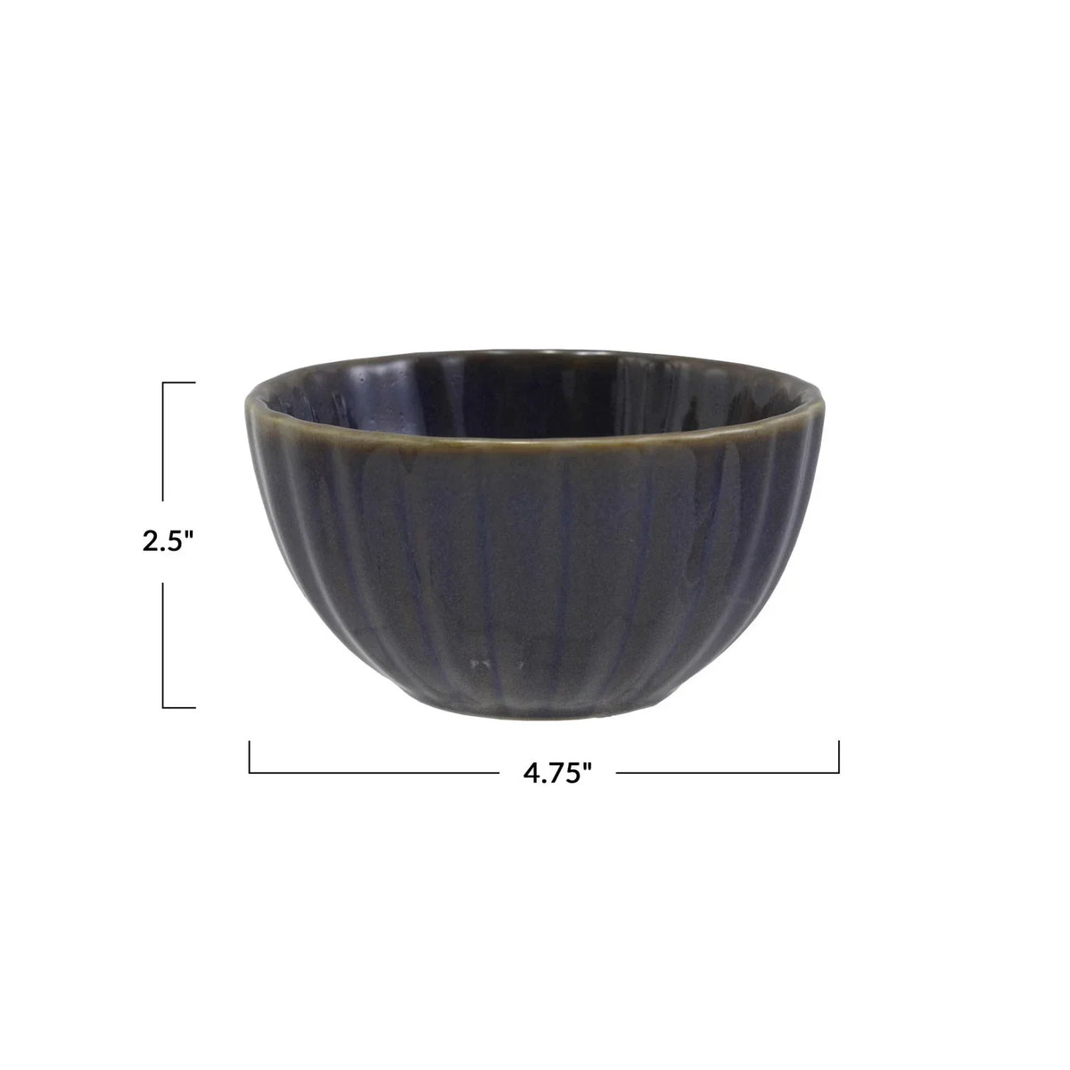 Dark blue stoneware ribbed bowl with brown rim, stylish ribbed bowl for serving
