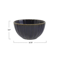 Dark blue stoneware ribbed bowl with brown rim, stylish ribbed bowl for serving