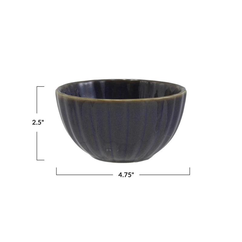 Dark blue stoneware ribbed bowl with brown rim, stylish ribbed bowl for serving