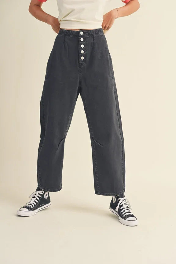 Dark blue button washed cotton high rise pants with a straight-leg cut and button fly