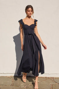 Dark blue HEAVEN SENT CORSET FLUTTER DRESS with sweetheart neckline and high side slit