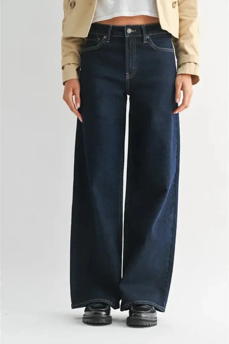High-rise full length straight denim wide-leg jeans in dark blue