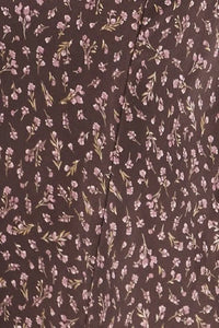 Dark brown short sleeve midi dress with floral pattern and self-cover button detail