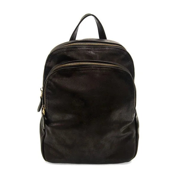 Dark brown leather backpack with logo zip pulls, exterior zip pockets, and top handle