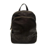 Dark brown leather backpack with logo zip pulls, exterior zip pockets, and top handle