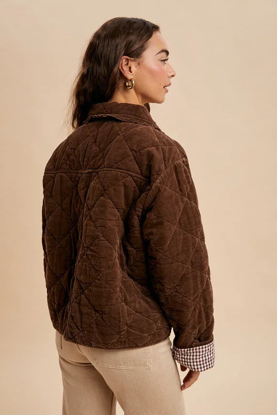 Dark brown garment washed quilted corduroy jacket with checkered cuff lining