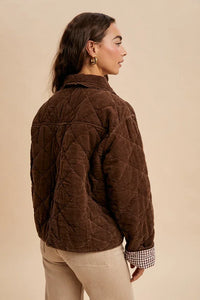 Dark brown garment washed quilted corduroy jacket with checkered cuff lining