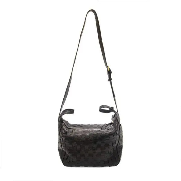 Dark brown woven leather shoulder bag with zip closure for women’s boho chic clothing