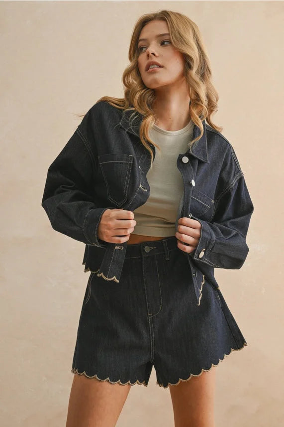 Dark Denim Scalloped Shorts with Scallop Embroidery Jacket