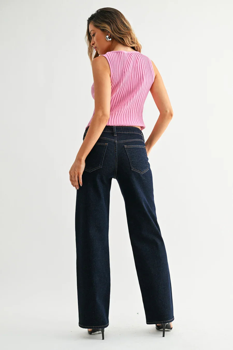 Loose low rise stretch straight denim wide-leg jeans with high-waisted pockets