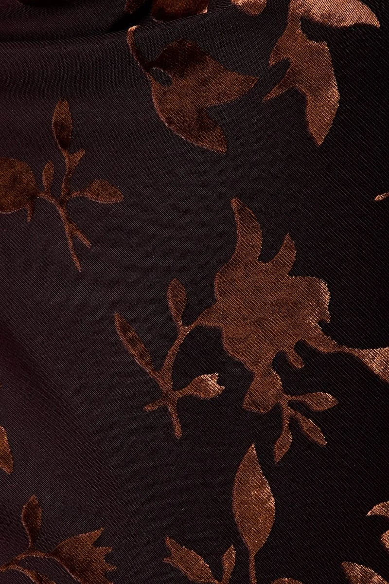 Sleeveless cowl neck midi flare dress in dark floral embroidered fabric with gold accents