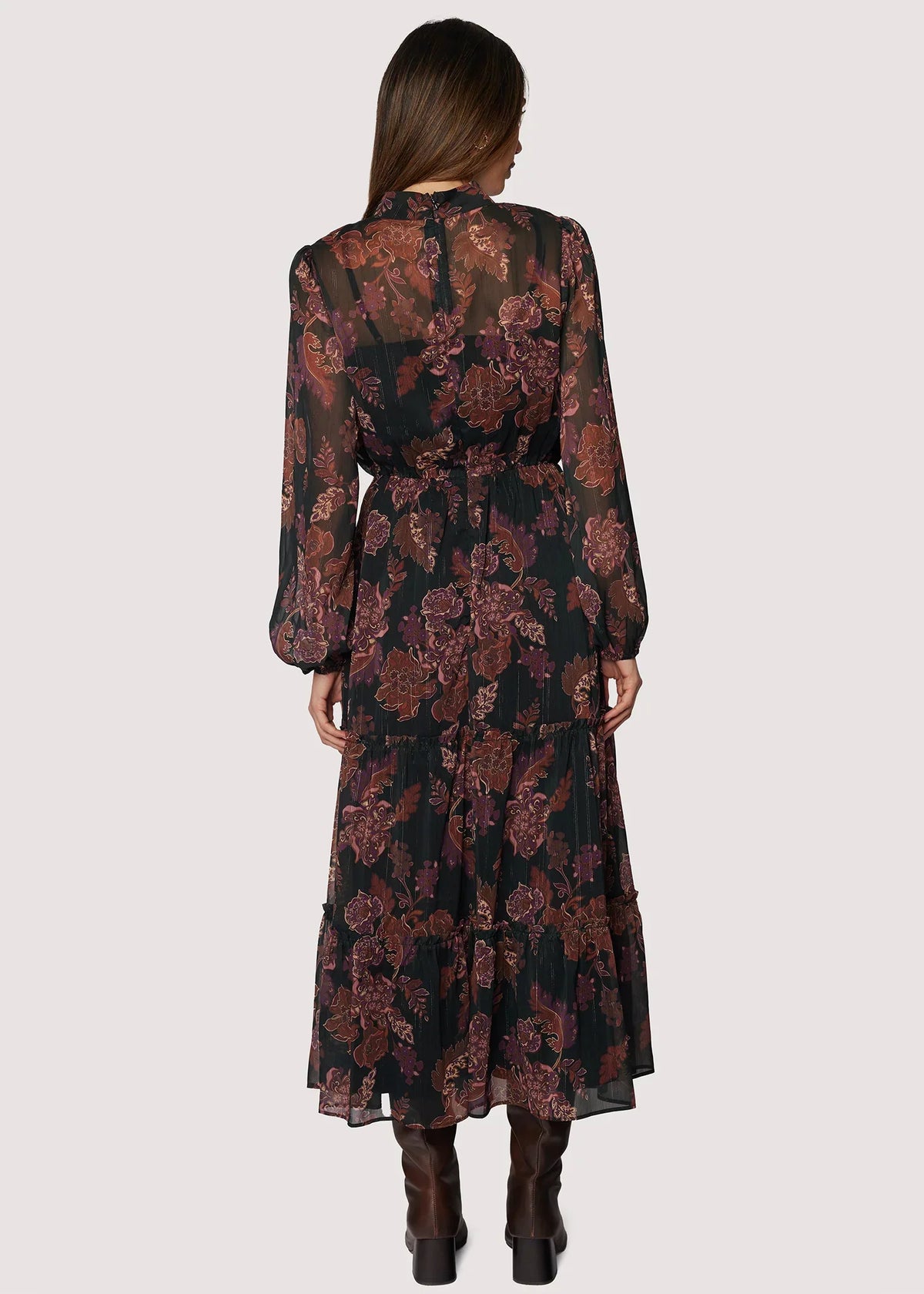 Dark floral bohemia maxi dress with long sleeves and tiered skirt for elegant style
