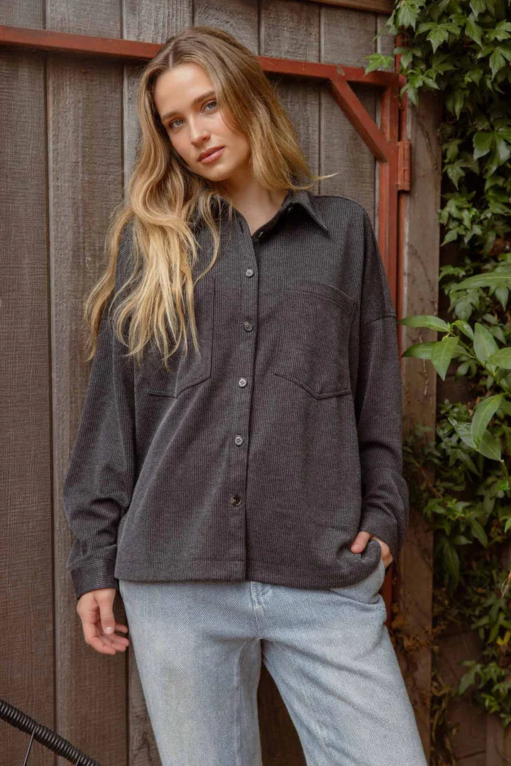 Dark gray oversized pinstripe button-up shirt with relaxed fit and collar